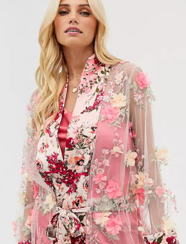 Jaket kimono dengan bordir pita dan bunga